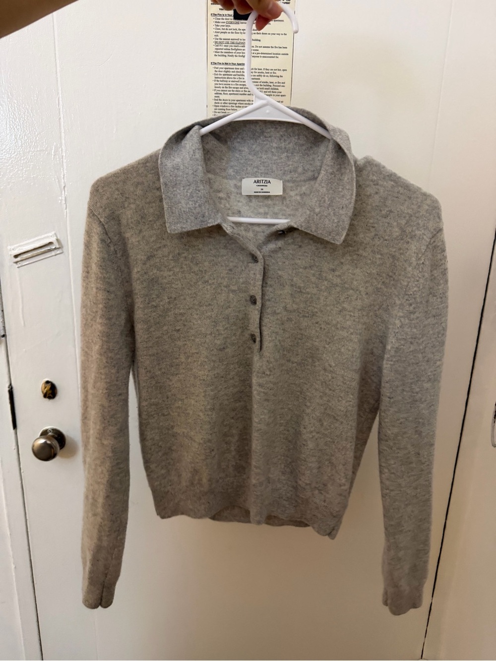 Aritzia Light Gray Polo-Collar Cashmere Blend V-Neck Sweater